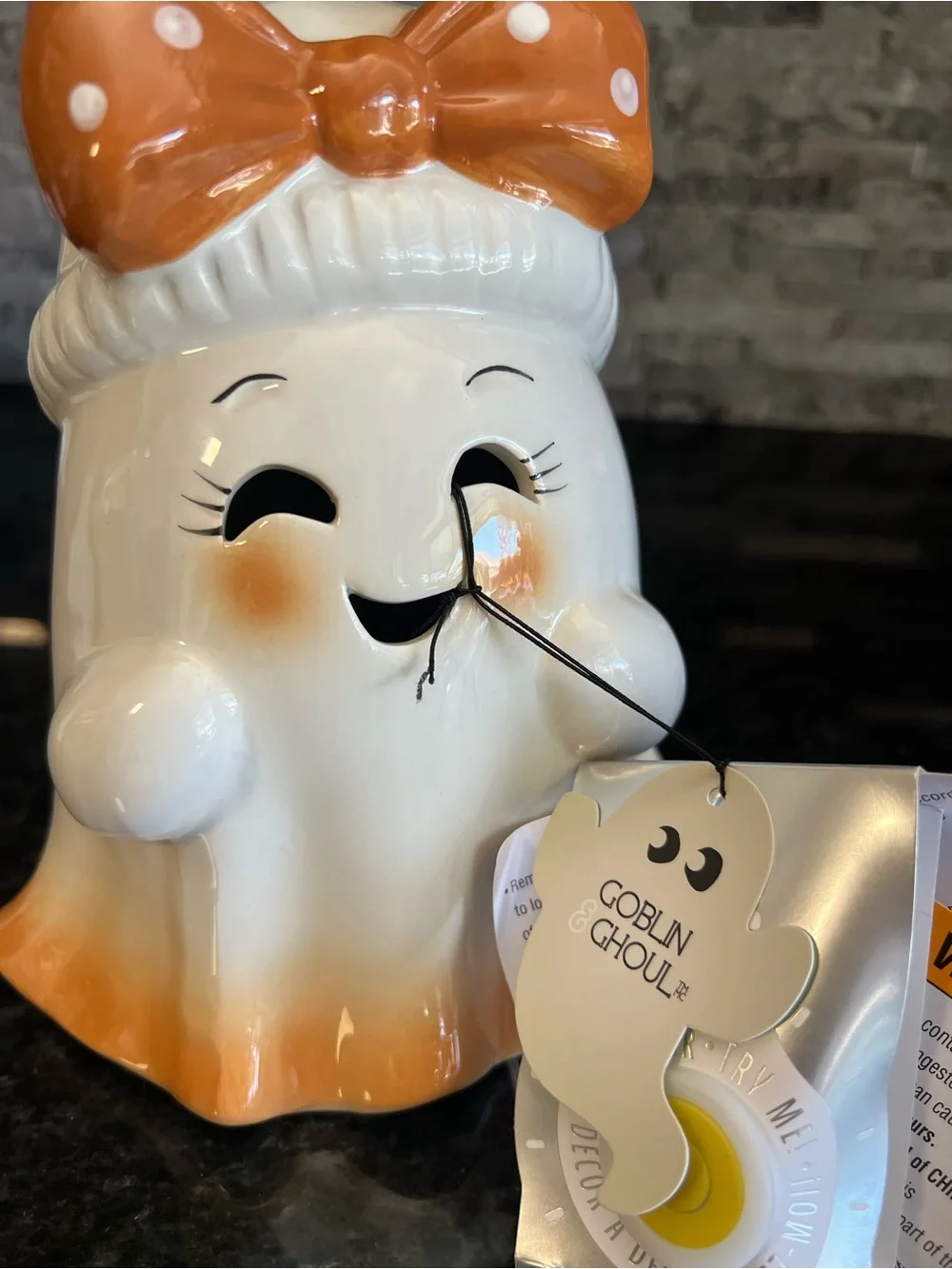 SO CUTE!!! Ceramic SMORES GIRL GHOST With Polka Dot Bow, LED LIGHT UP